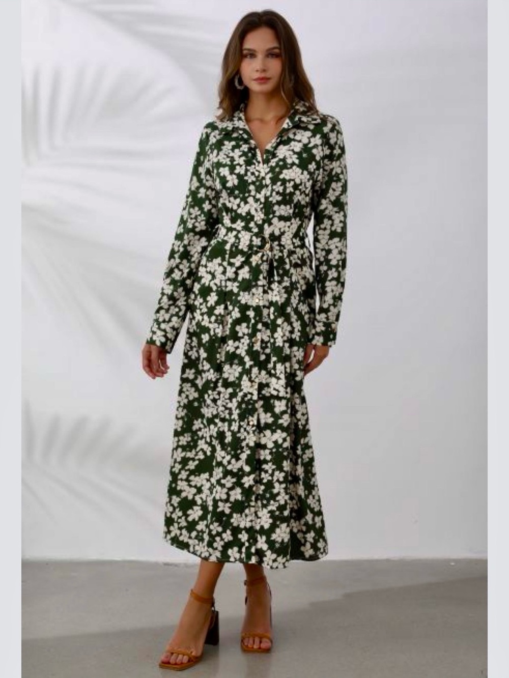 Zara Green and White Floral Shirt Dress At-the-knee.